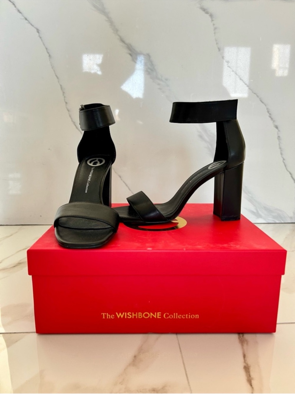 Wishbone Black Ankle-Strap Heel Sandals